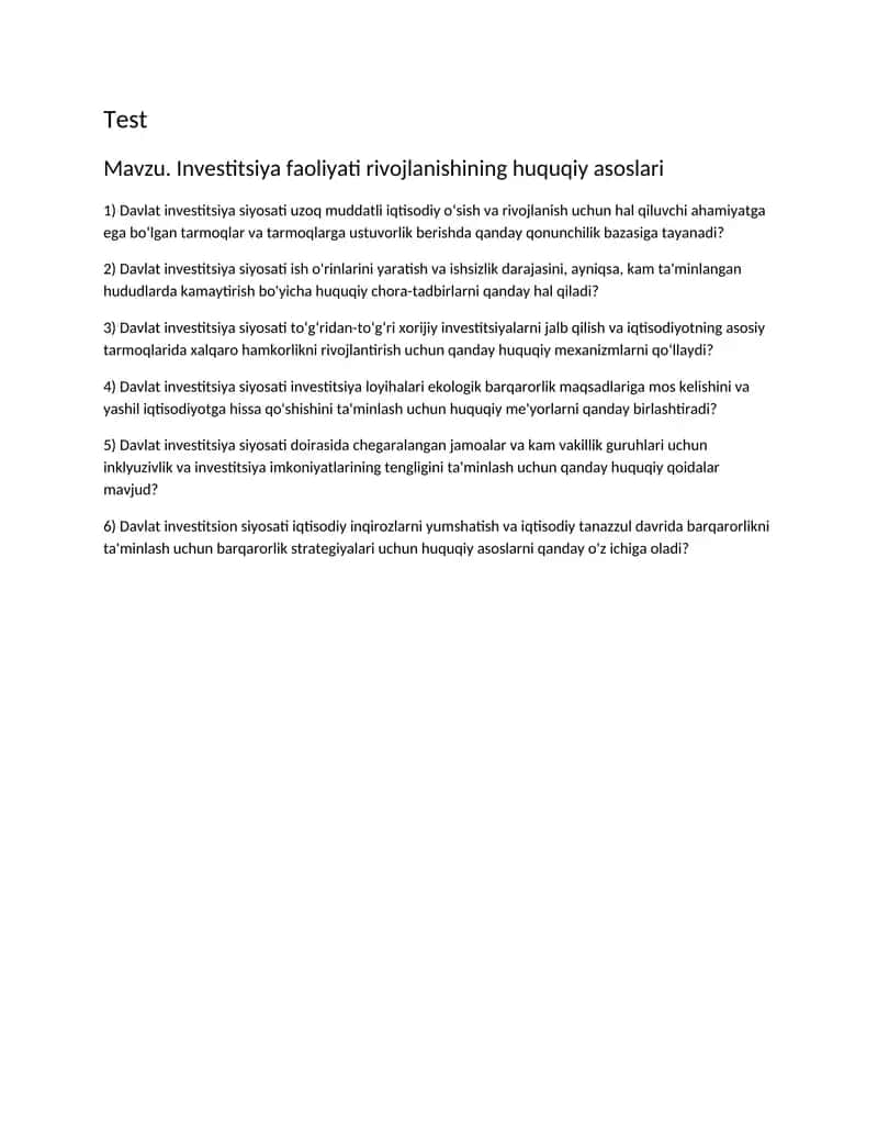 Investitsiya faoliyati rivojlanishining huquqiy asoslari