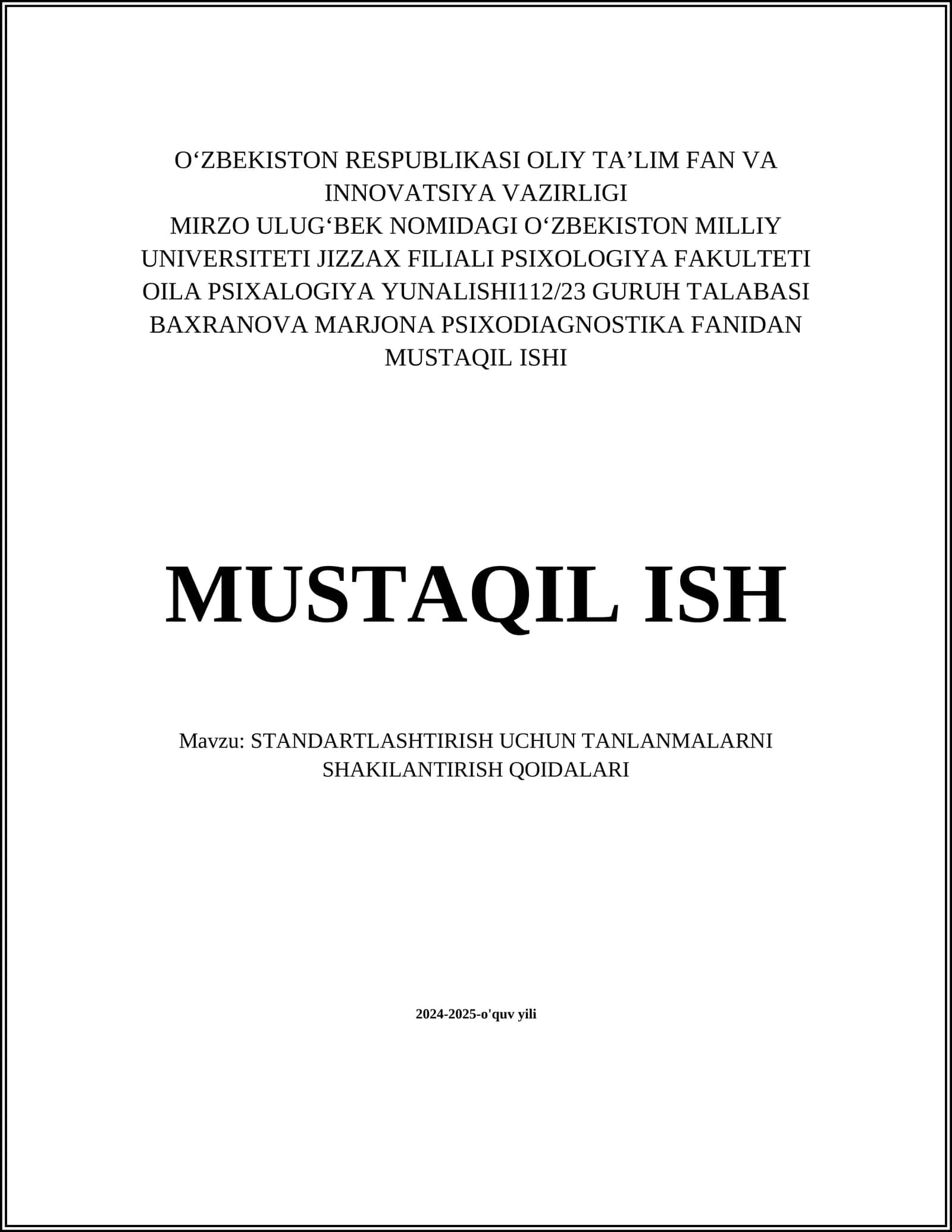 STANDARTLASHTIRISH UCHUN TANLANMALARNI SHAKILANTIRISH QOIDALARI