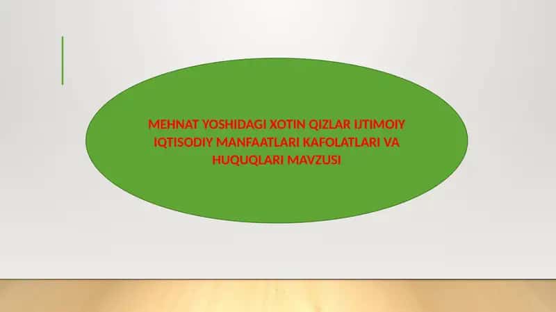 MEHNAT YOSHIDAGI XOTIN QIZLAR IJTIMOIY IQTISODIY MANFAATLARI KAFOLATLARI VA HUQUQLARI MAVZUSI