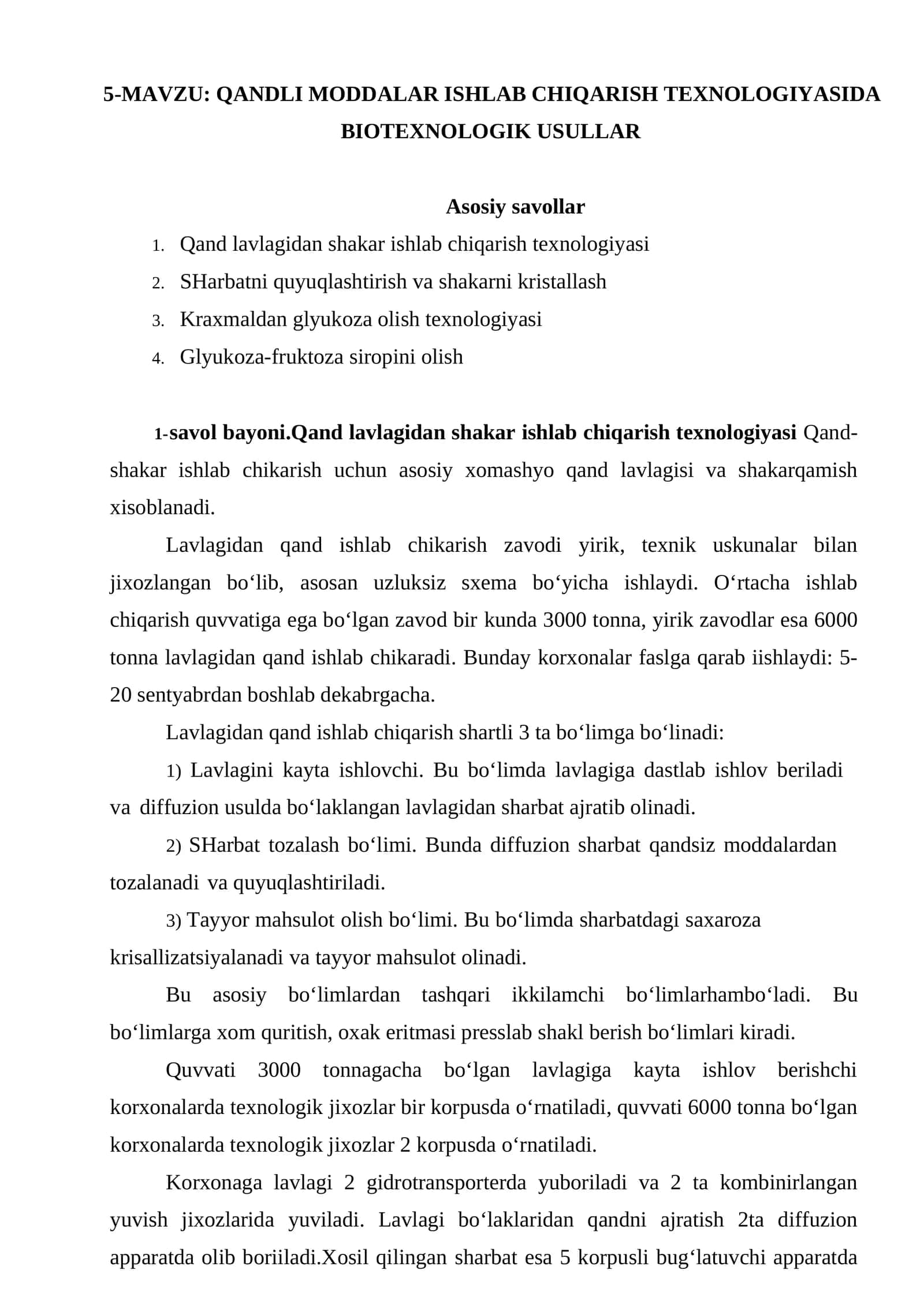 QANDLI MODDALAR ISHLAB CHIQARISH TEXNOLOGIYASIDA BIOTEXNOLOGIK USULLAR