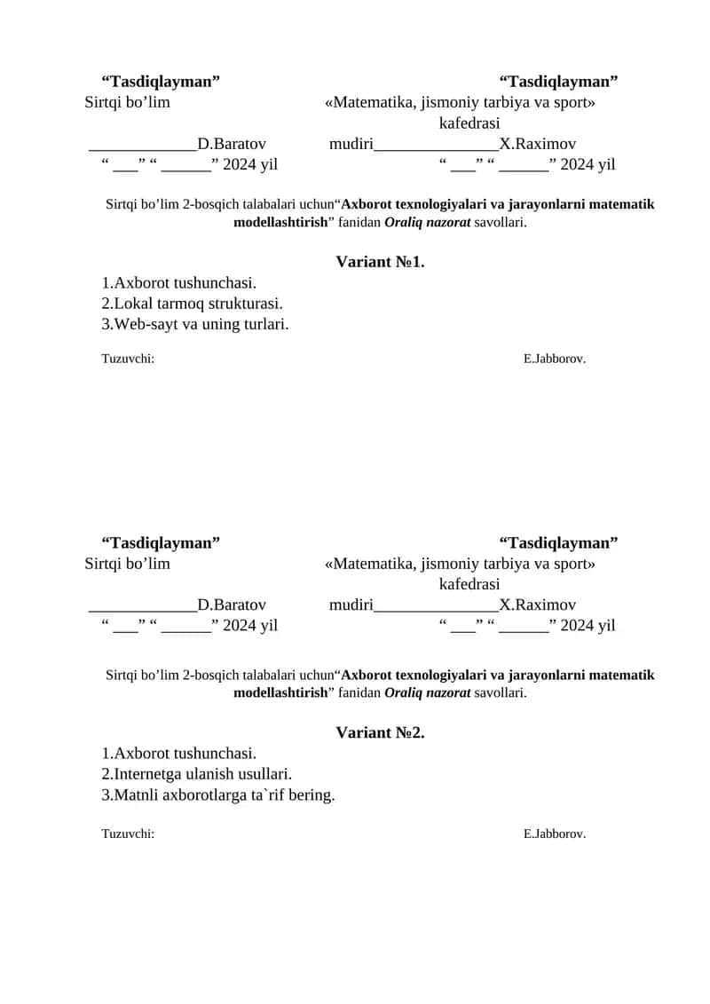 Axborot texnologiyalari va jarayonlarni matematik modellashtirish