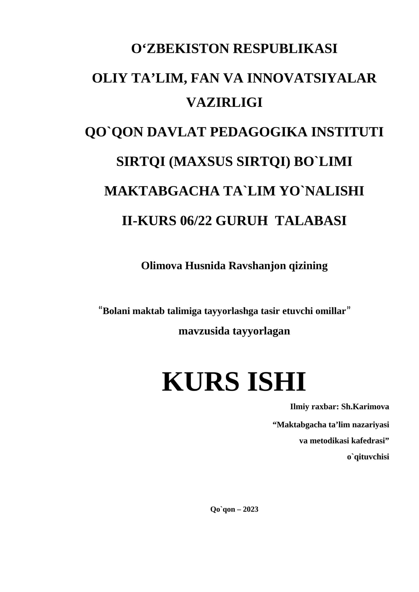 Bolani maktab talimiga tayyorlashga tasir etuvchi omillar