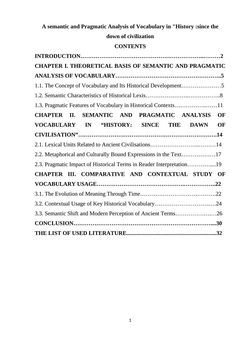 A semantic and Pragmatic Analysis of Vocabulary in History since the down of civilization