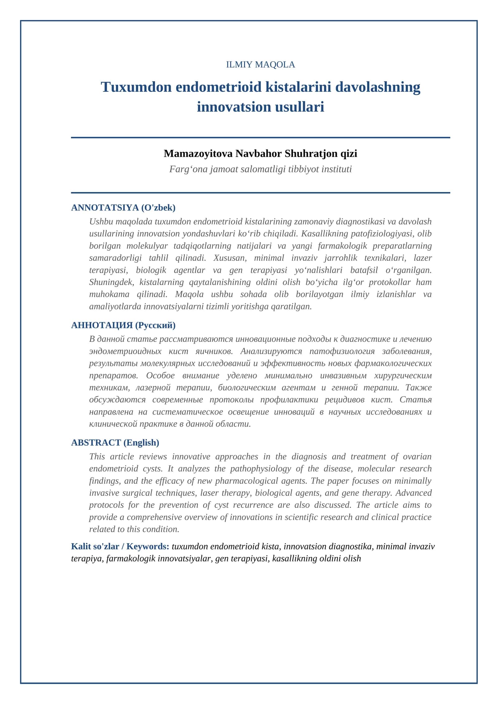 Tuxumdon endometrioid kistalarini davolashning innovatsion usullari