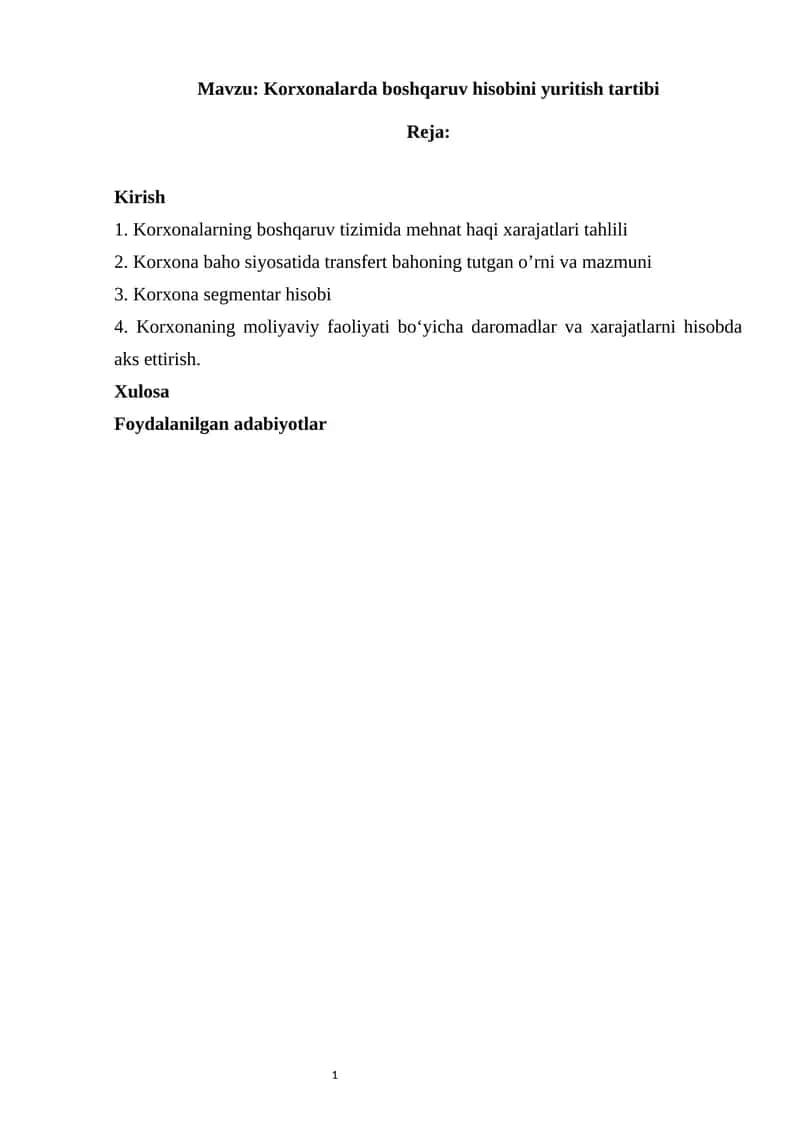 Korxonalarda boshqaruv hisobini yuritish tartibi
