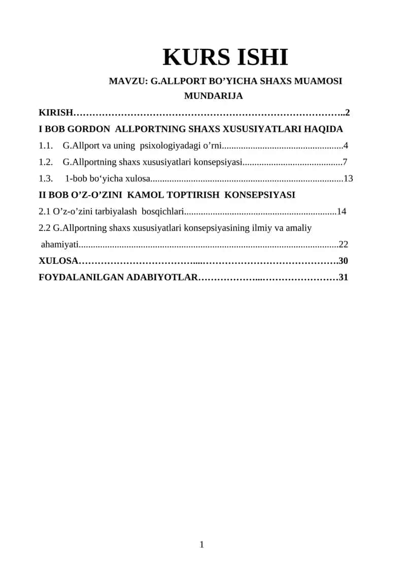 G.ALLPORT BO’YICHA SHAXS MUAMOSI