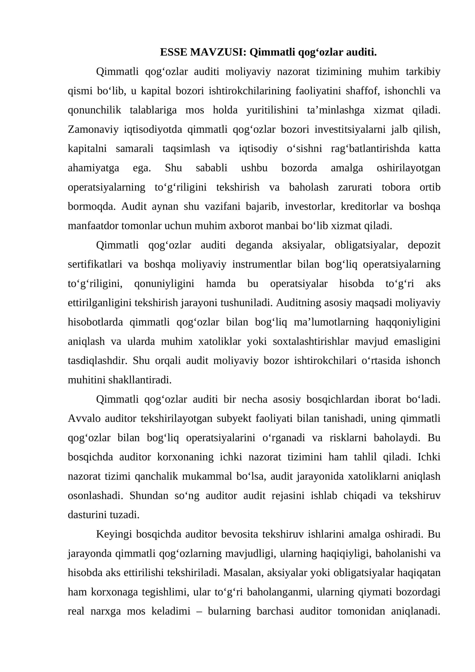 Qimmatli qogʻozlar auditi. esse