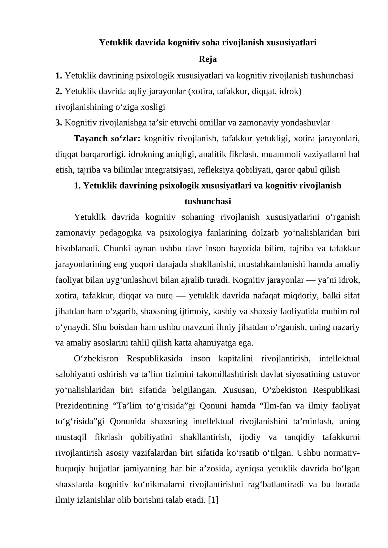 Yetuklik davrida kognitiv soha rivojlanish xususiyatlari