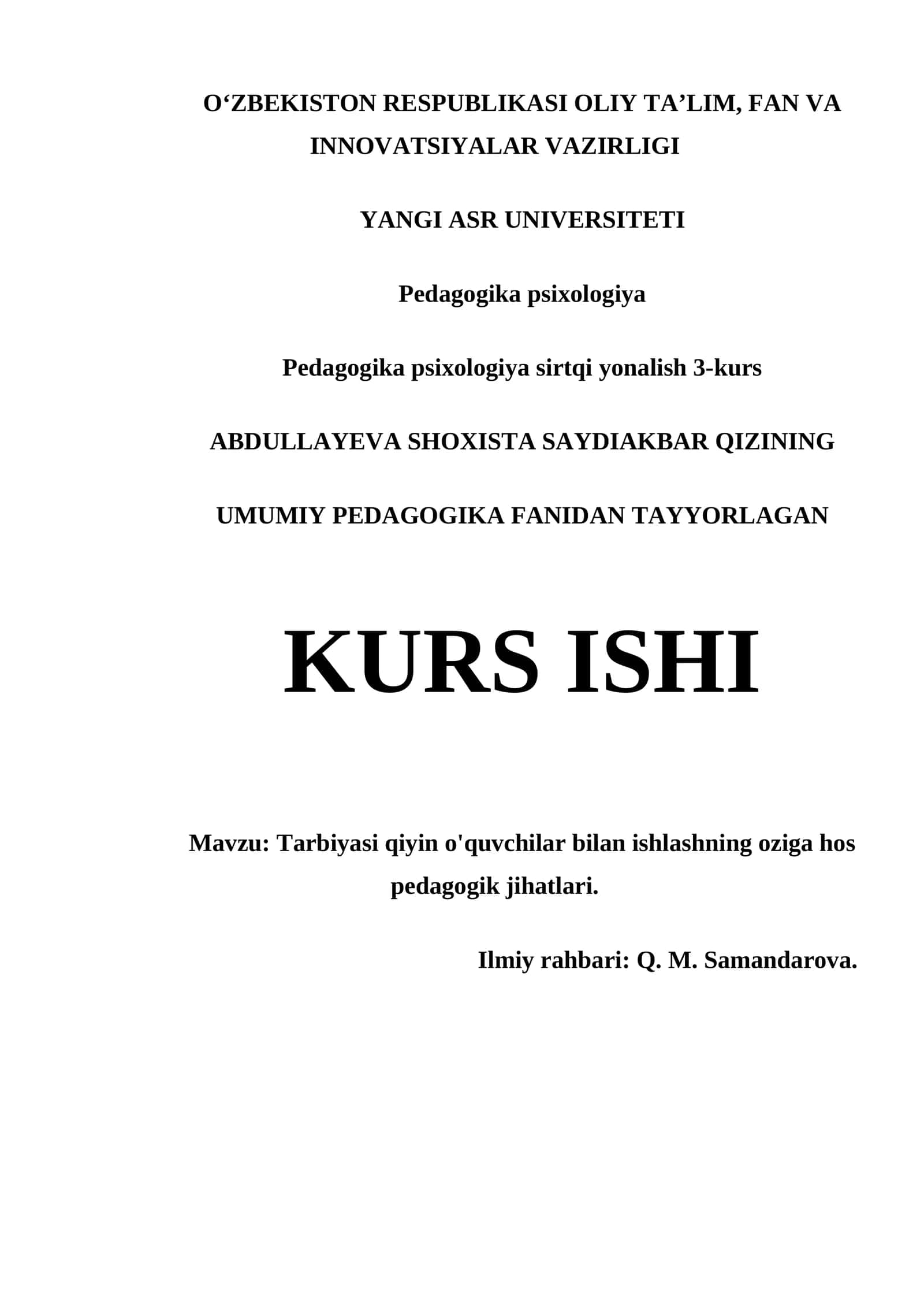 UMUMIY PEDAGOGIKA FANIDAN TAYYORLAGAN KURS ISHI
