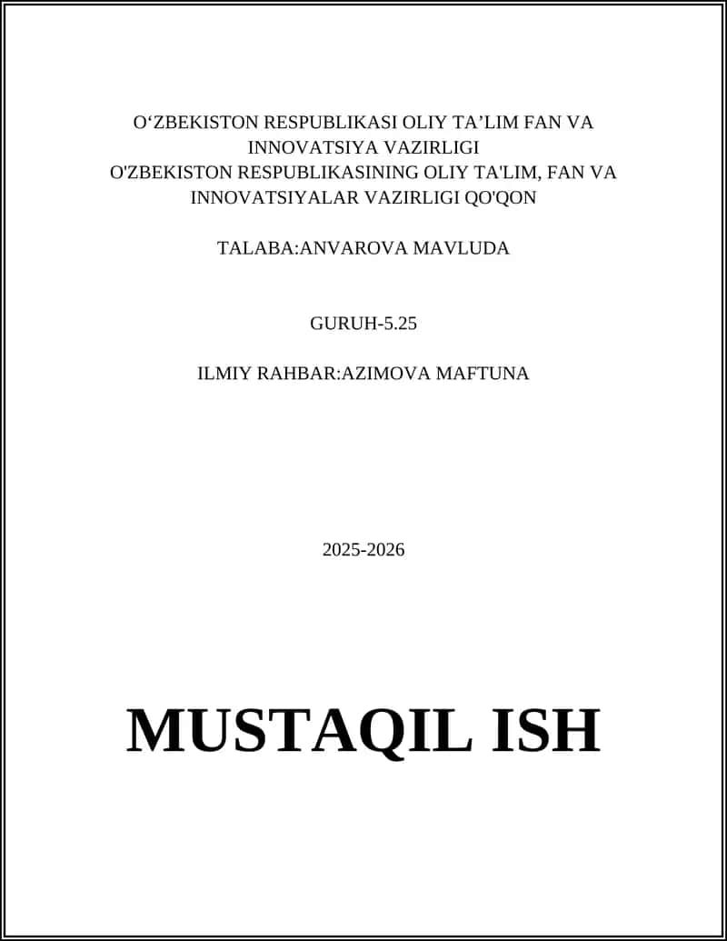 O'ZBEKISTON RESPUBLIKASI OLIY TA’LIM FAN VA INNOVATSIYA VAZIRLIGI