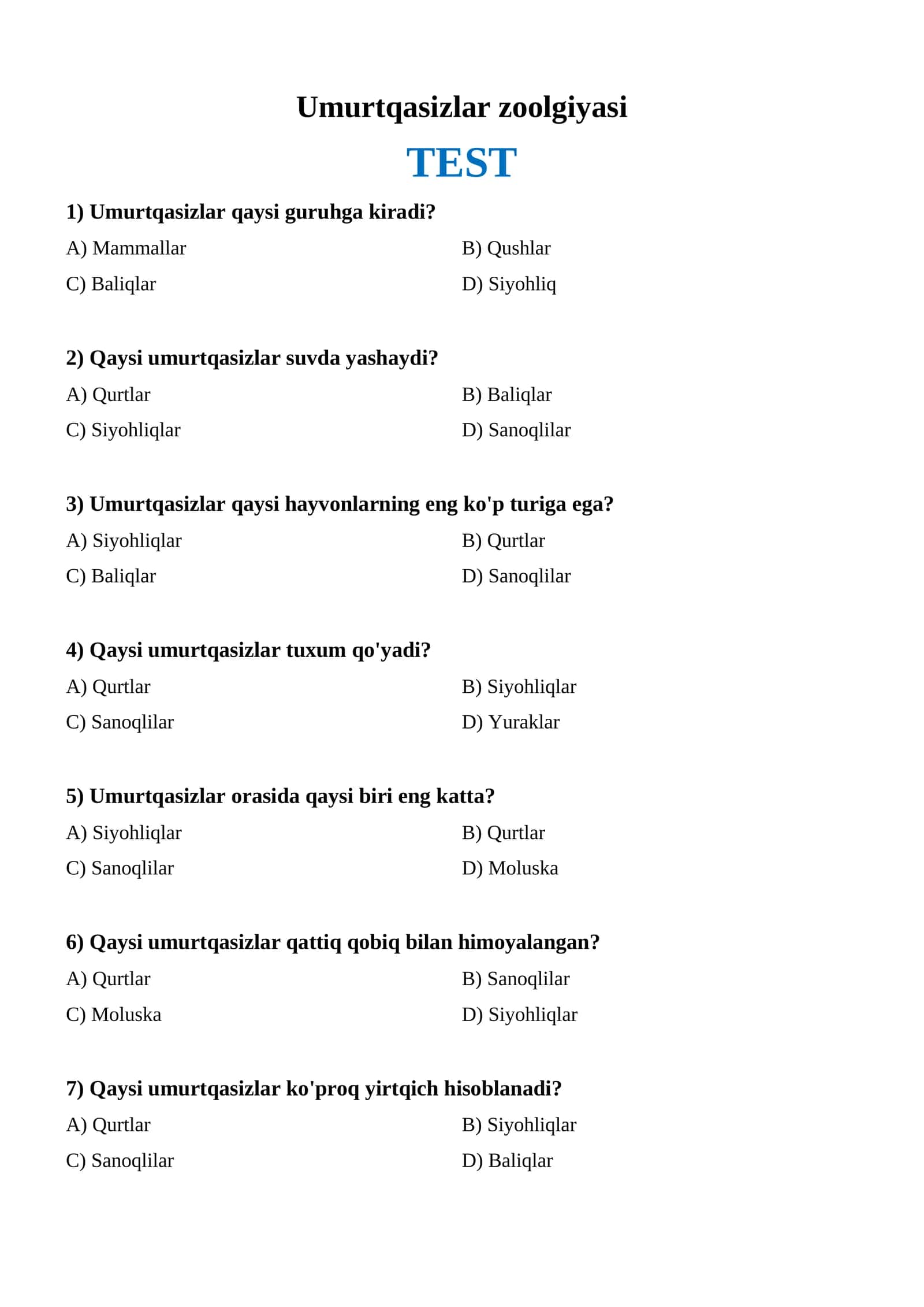Umurtqasizlar zoolojiyasi (TEST)