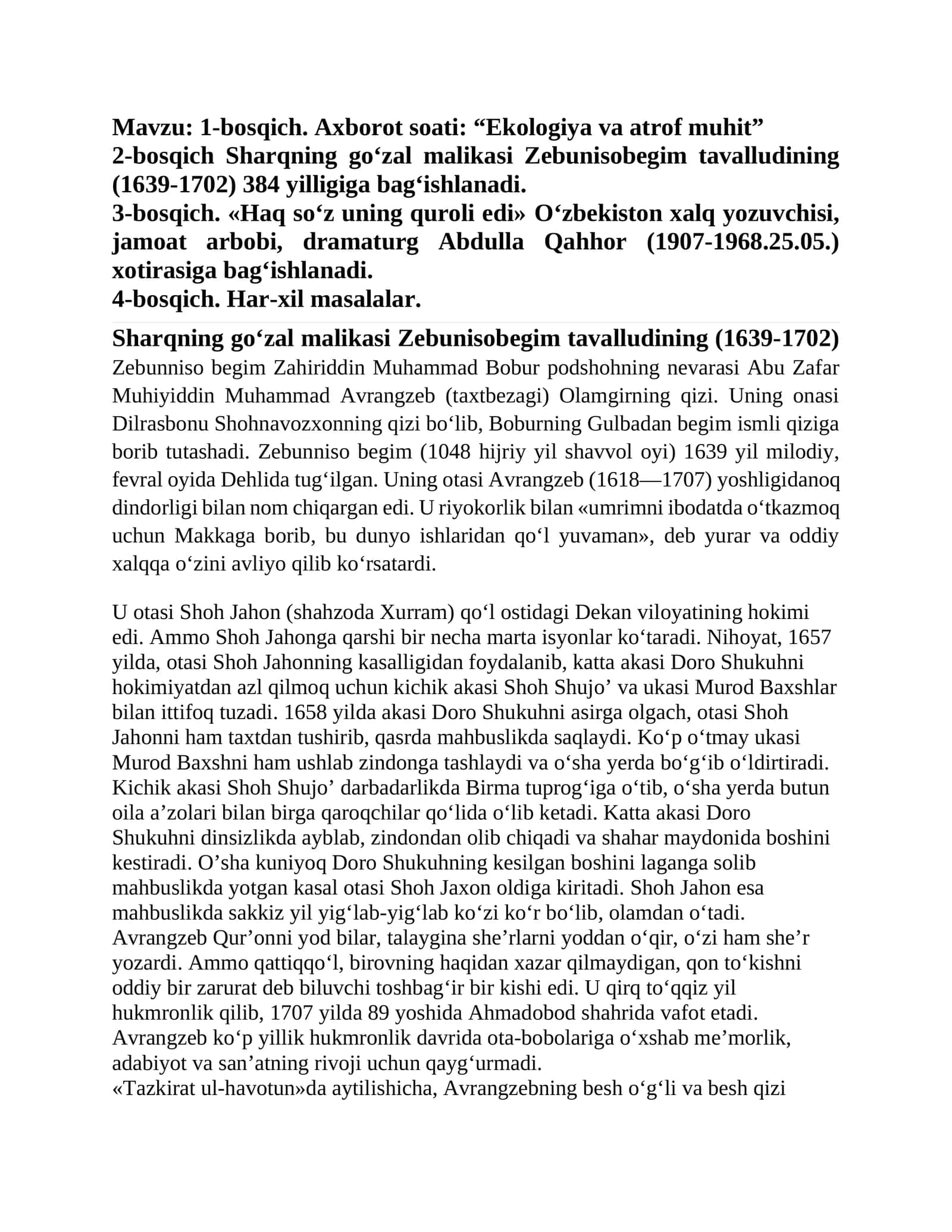 Sharqning go‘zal malikasi Zebunisobegim tavalludi