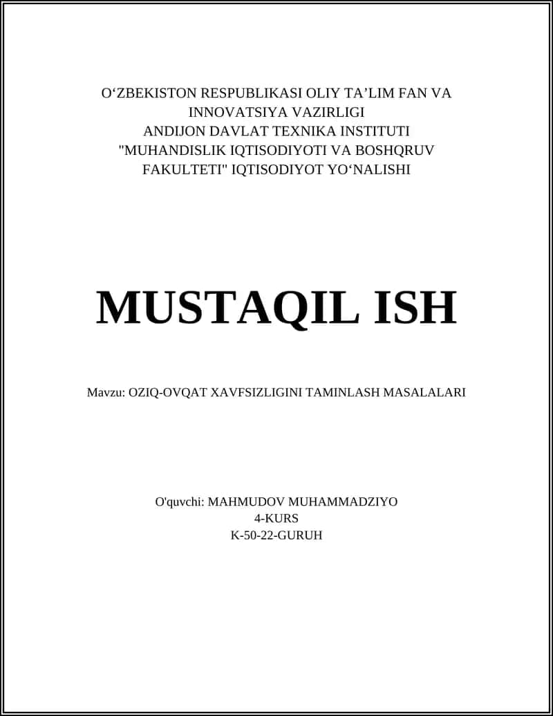 OZIQ-OVQAT XAVFSIZLIGINI TAMINLASH MASALALARI