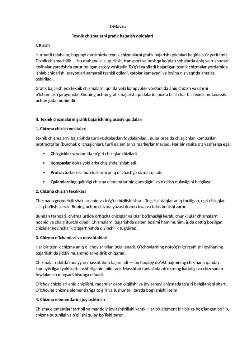 Texnik chizmalarni grafik bajarish qoidalari