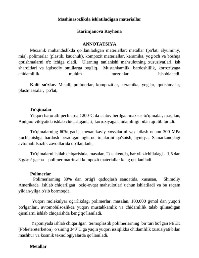 Mashinasozlikda ishlatiladigan materiallar