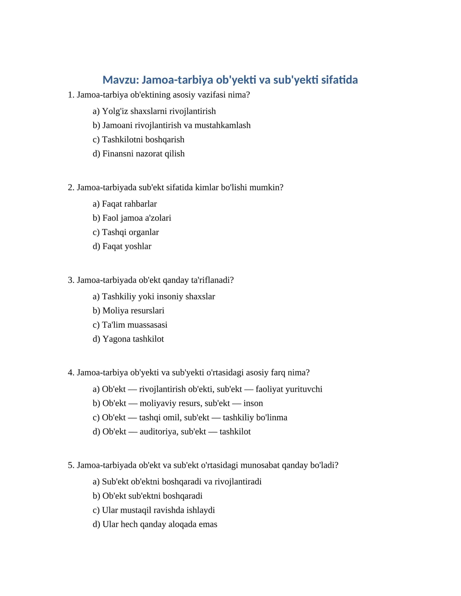 Jamoa-tarbiya ob'yekti va sub'yekti sifatida