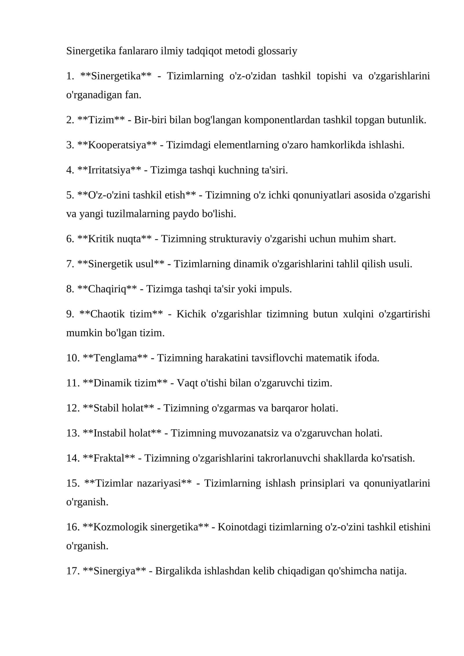 Sinergetika fanlararo ilmiy tadqiqot metodi glossariy
