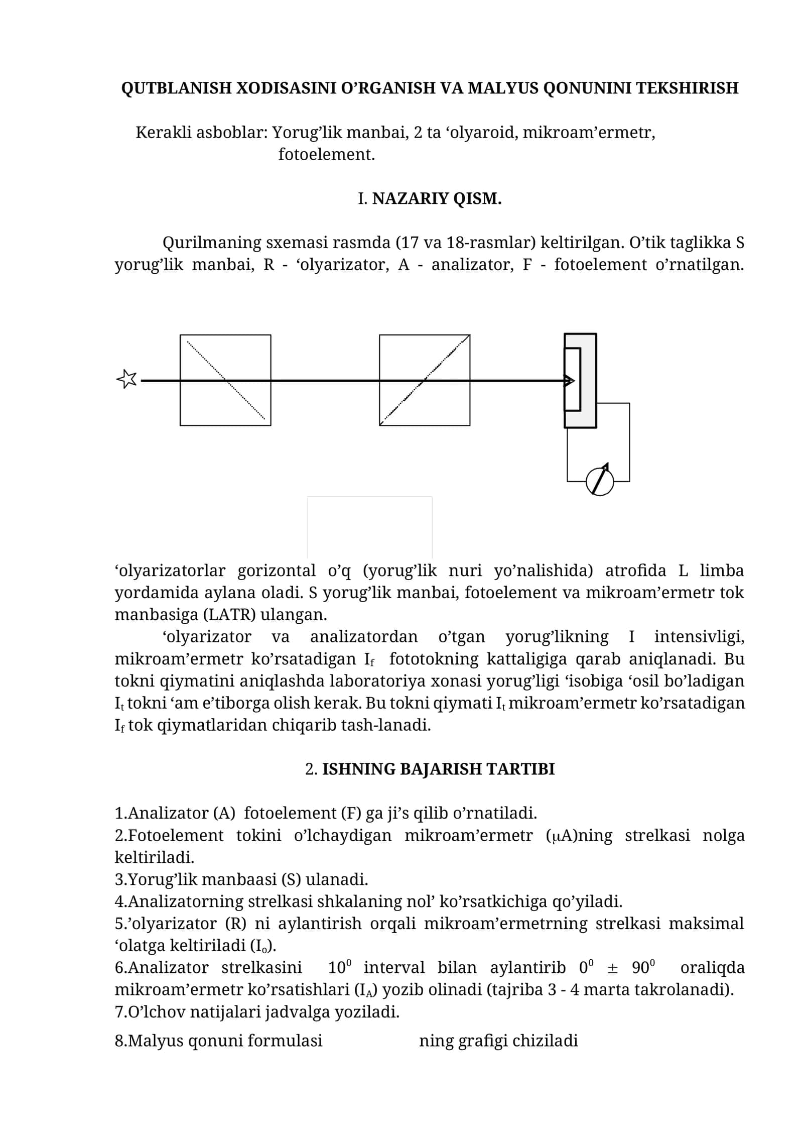 QUTBLANISH XODISASINI O’RGANISH VA MALYUS QONUNINI TEKSHIRISH