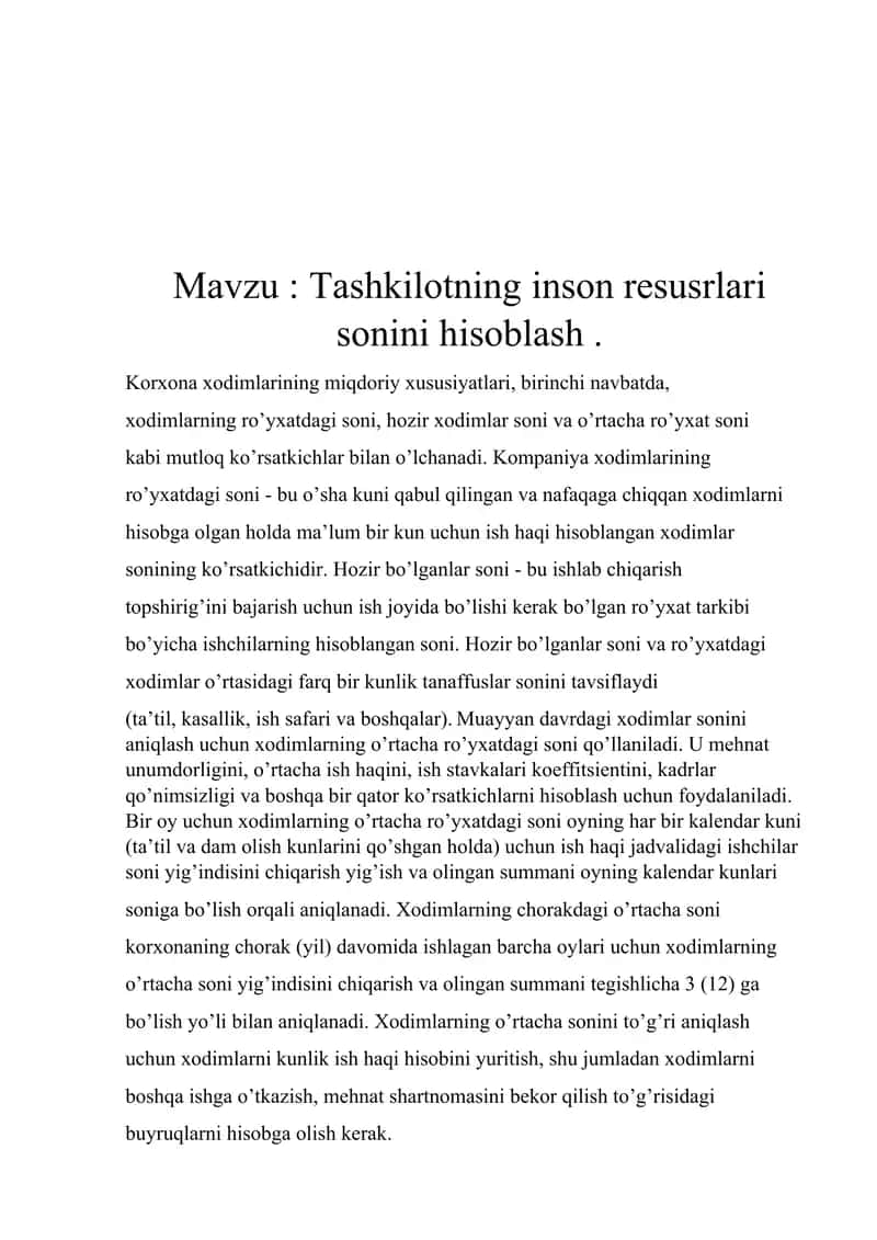 Tashkilotning inson resurslari sonini hisoblash