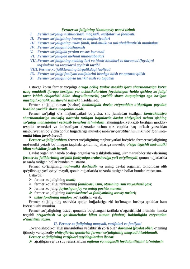 Fermer xoʻjaligining Namunaviy ustavi tizimi