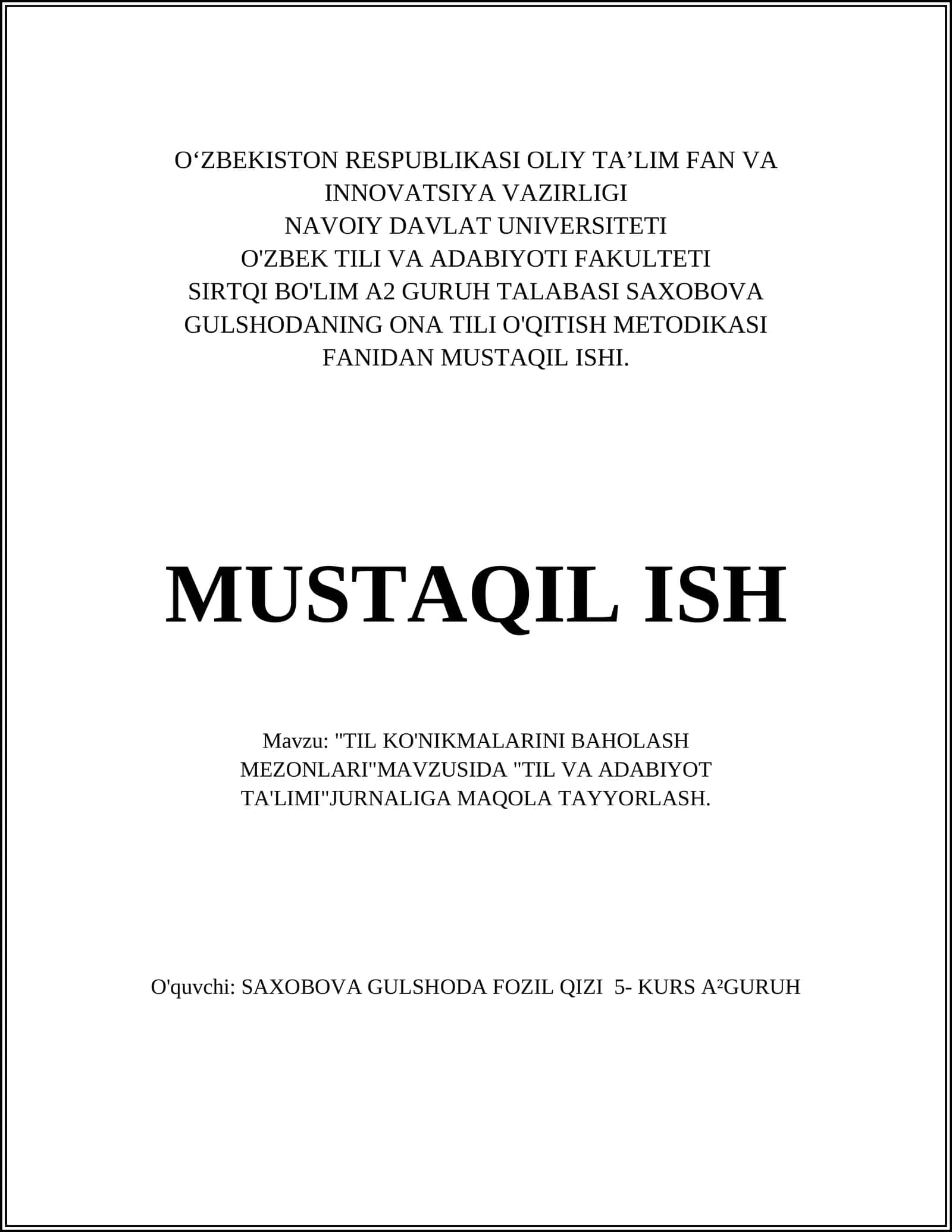 TIL KO'NIKMALARINI BAHOLASH MEZONLARI