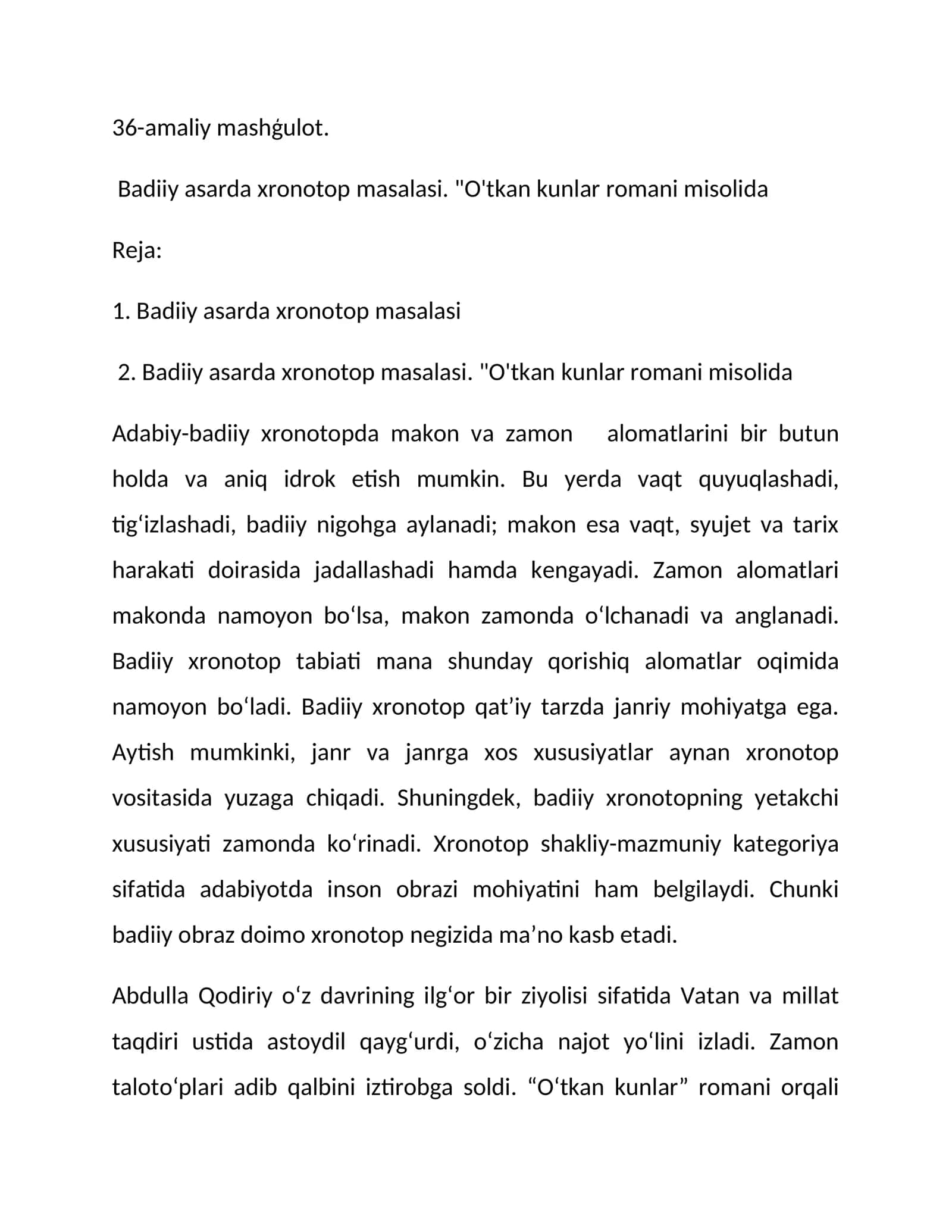Badiiy asarda xronotop masalasi