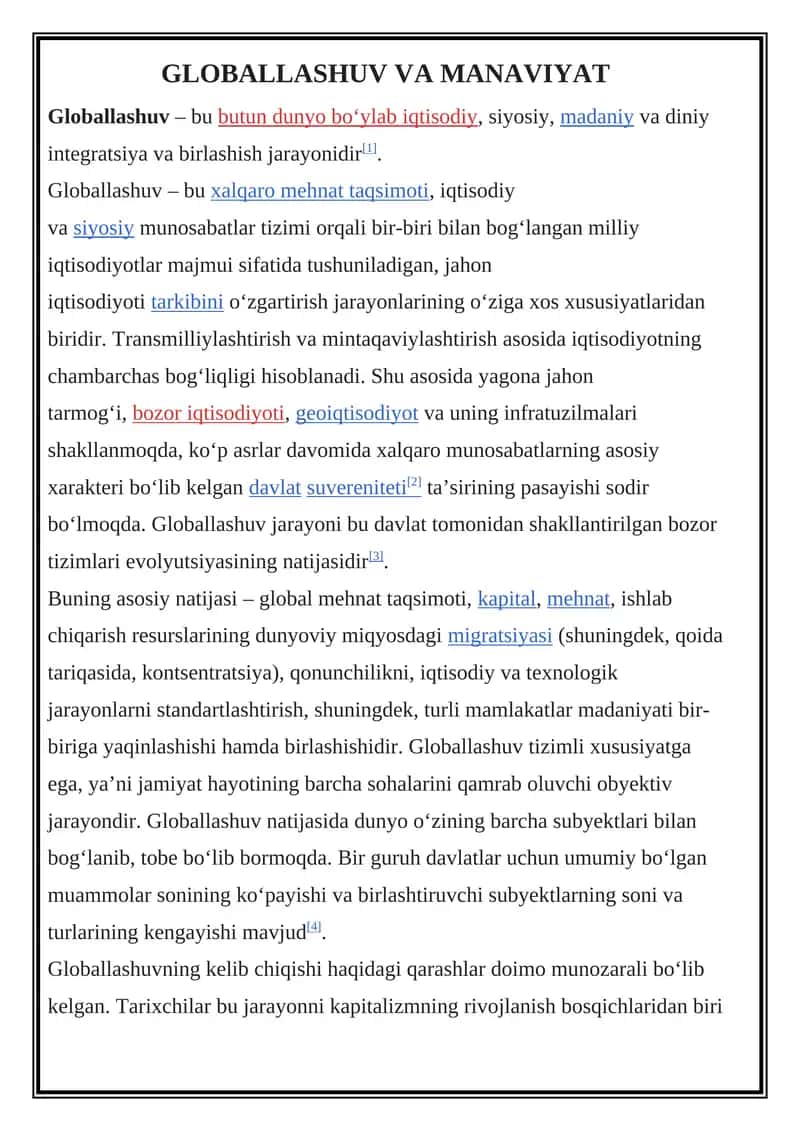 Globallashuv VA MANAVIYAT