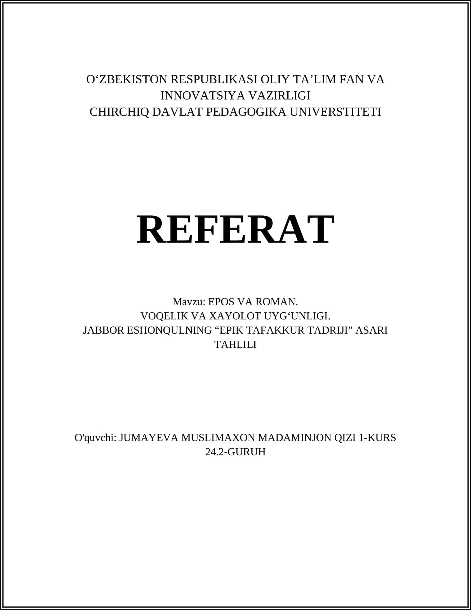 EPOS VA ROMAN: TA’RIF VA SOHA DOIRASI