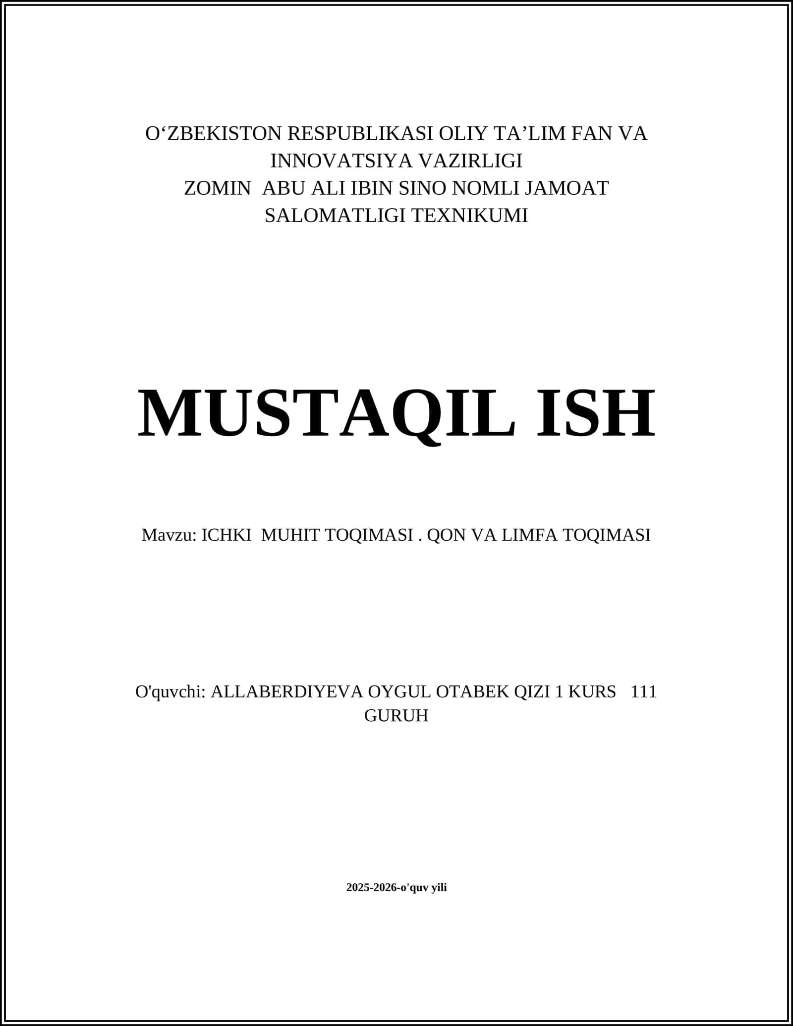 ICHKI MUHIT TOQIMASI. QON VA LIMFA TOQIMASI