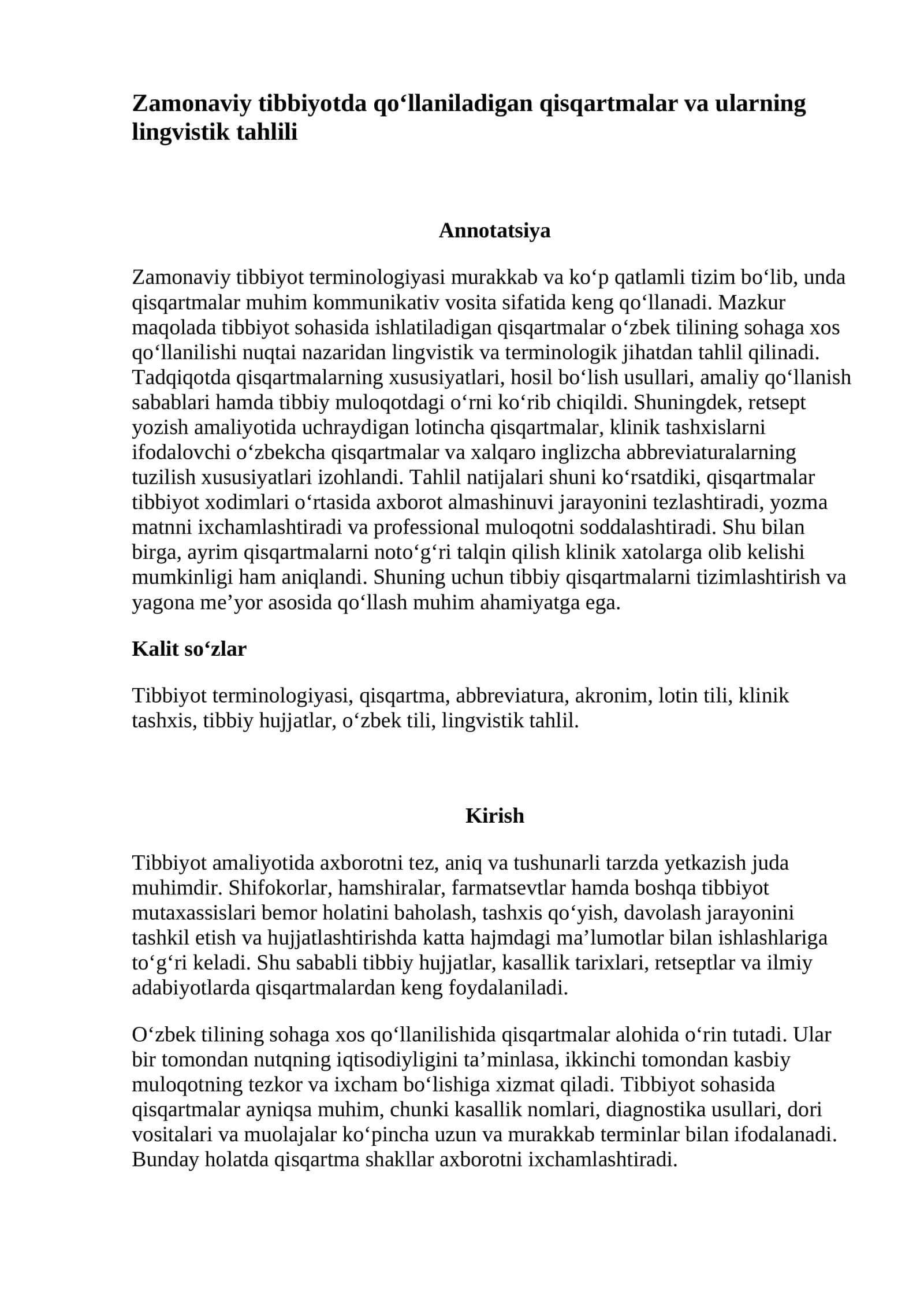 Zamonaviy tibbiyotda qo‘llaniladigan qisqartmalar va ularning lingvistik tahlili