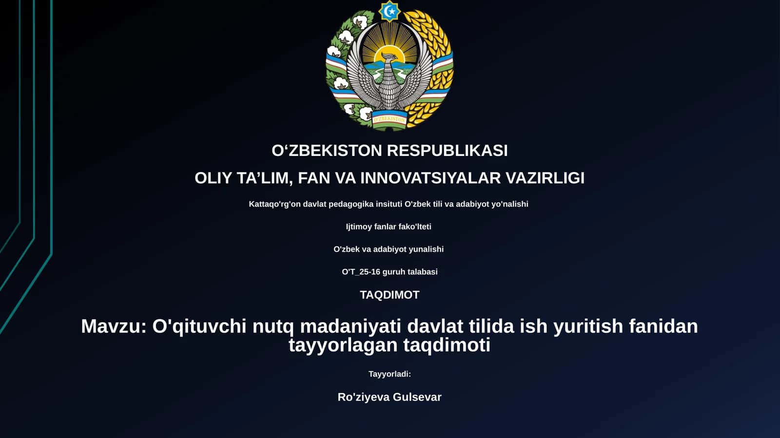O'qituvchi nutq madaniyati davlat tilida ish yuritish fanidan tayyorlagan taqdimoti