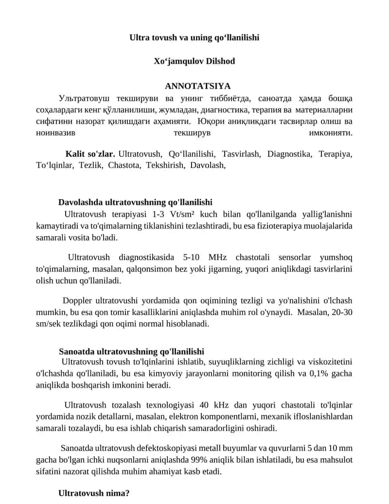 Ultra tovush va uning qoʻllanilishi