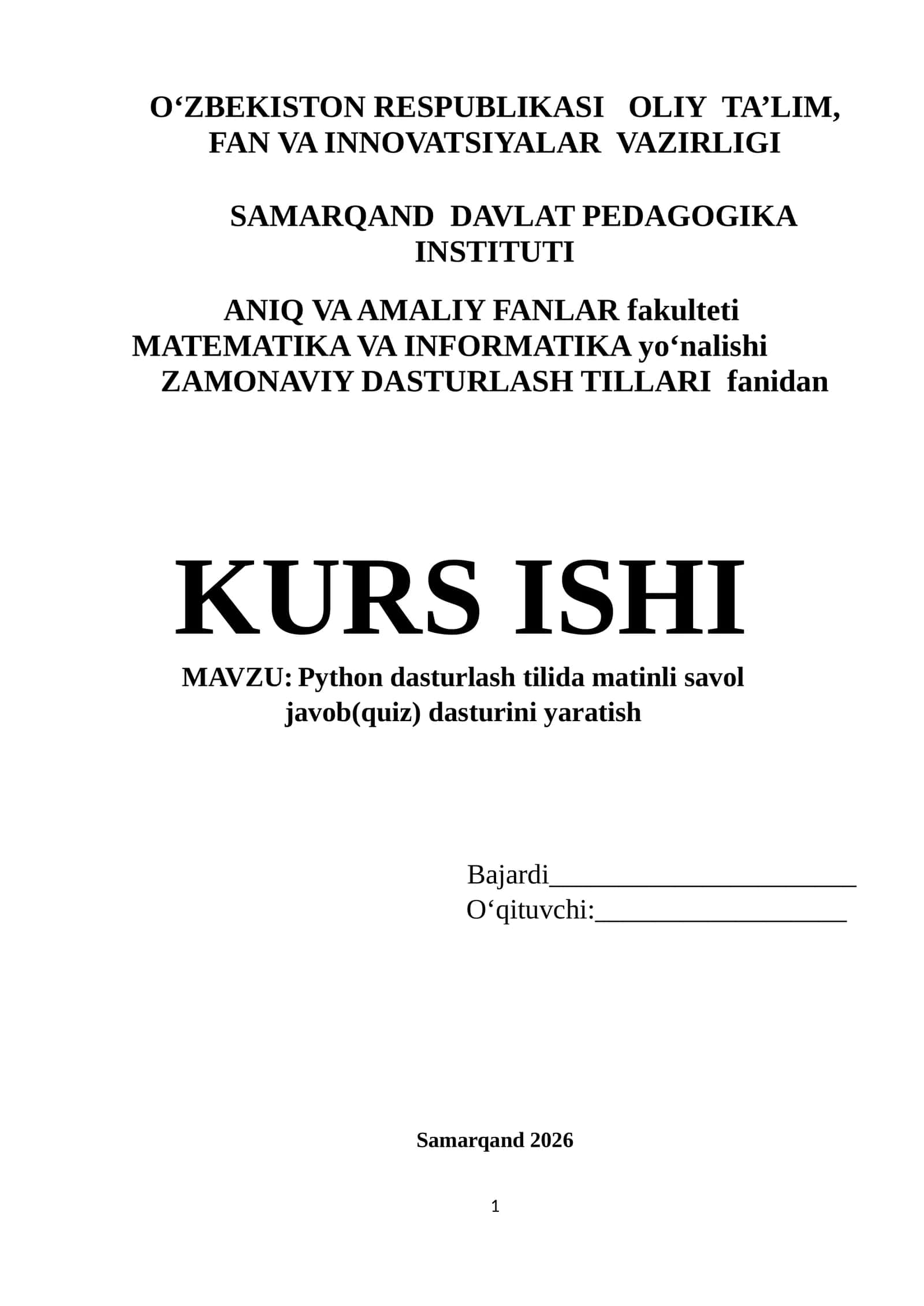 Python dasturlash tilida matinli savol javob(quiz) dasturini yaratish