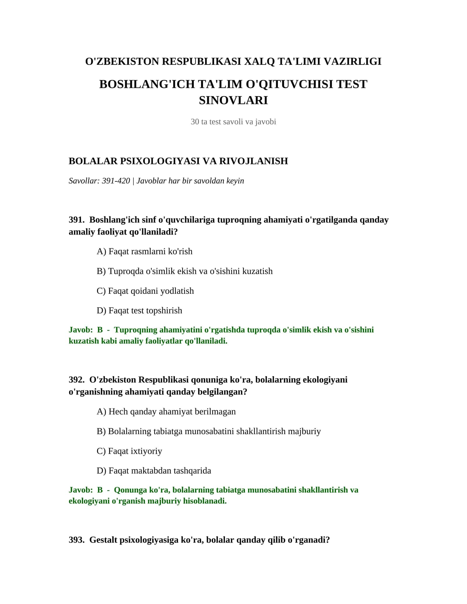 BOSHLANG'ICH TA'LIM O'QITUVCHISI TEST SINOVLARI