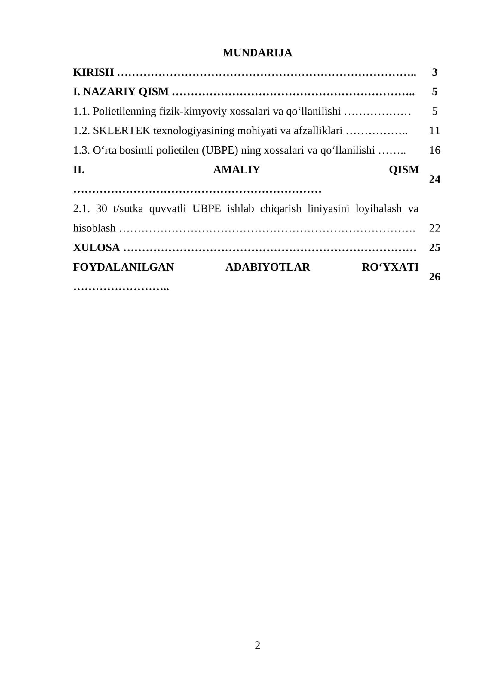 SKLERTEK texnologiyasi boʻyicha quvvati 30 t/sutka boʻlgan oʻrta bosimli polietilen (UBPE) ishlab chiqarish texnologik liniyasini loyihalash