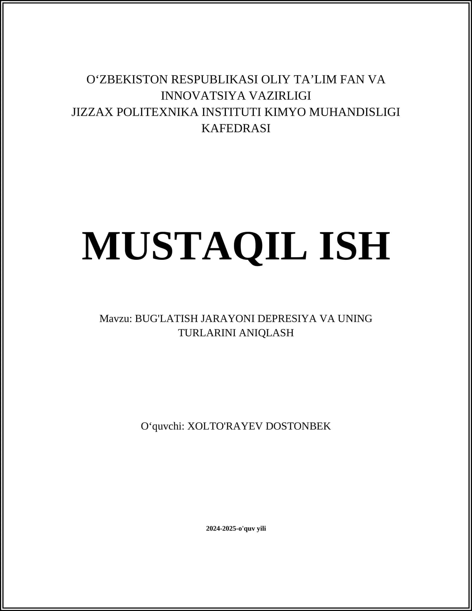 BUG'LATISH JARAYONI DEPRESIYA VA UNING TURLARINI ANIQLASH