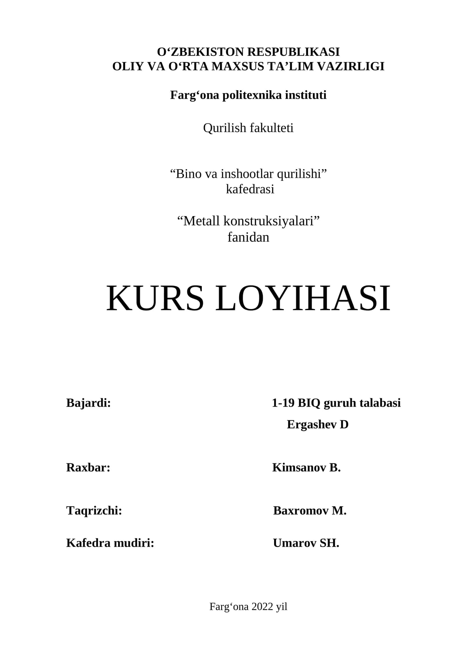 Metall konstruksiyalari kurs loyihasi
