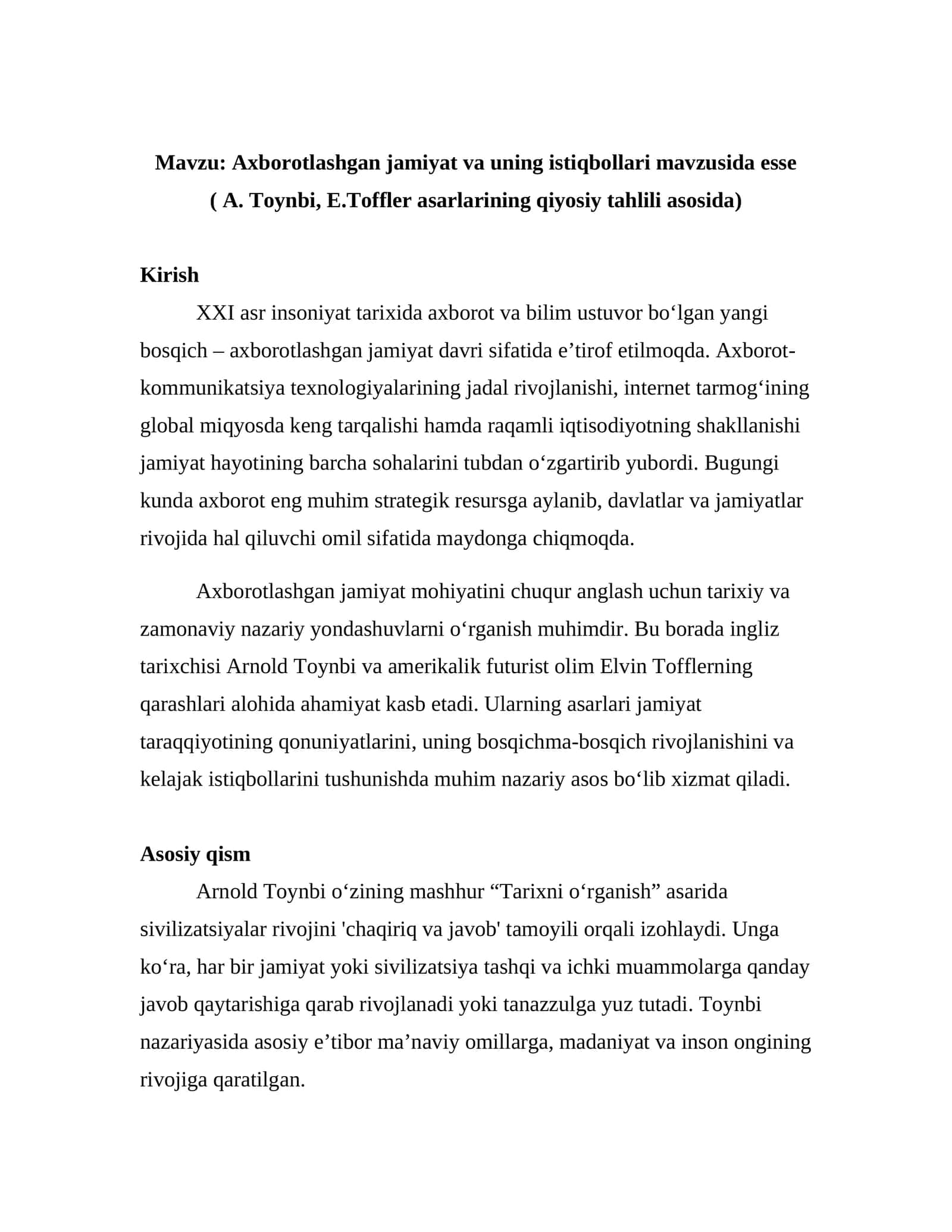 Axborotlashgan jamiyat va uning istiqbollari mavzusida esse ( A. Toynbi, E.Toffler asarlarining qiyosiy tahlili asosida)