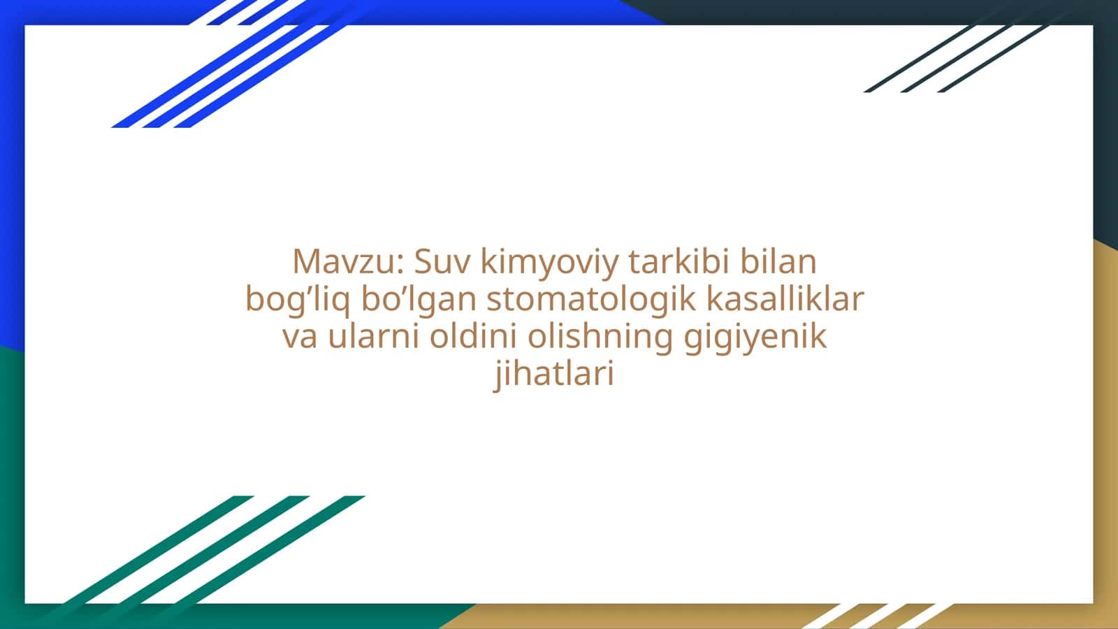 Suv kimyoviy tarkibi bilan bog’liq bo’lgan stomatologik kasalliklar va ularni oldini olishning gigiyenik jihatlari