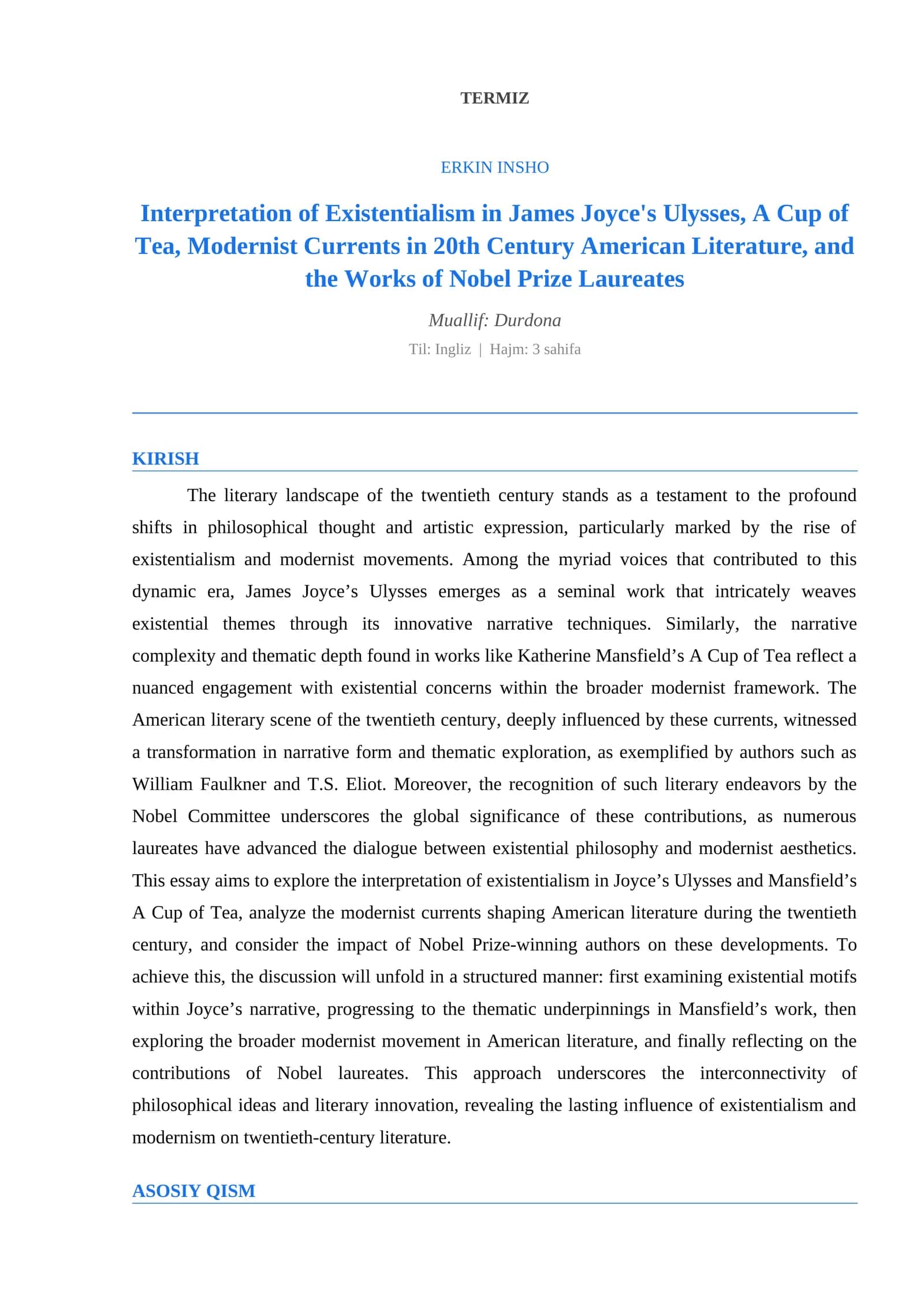 Interpretation of Existentialism in James Joyce's Ulysses, A Cup of Tea, Modernist Currents in 20th Century American Literature, and the Works of Nobel Prize Laureates