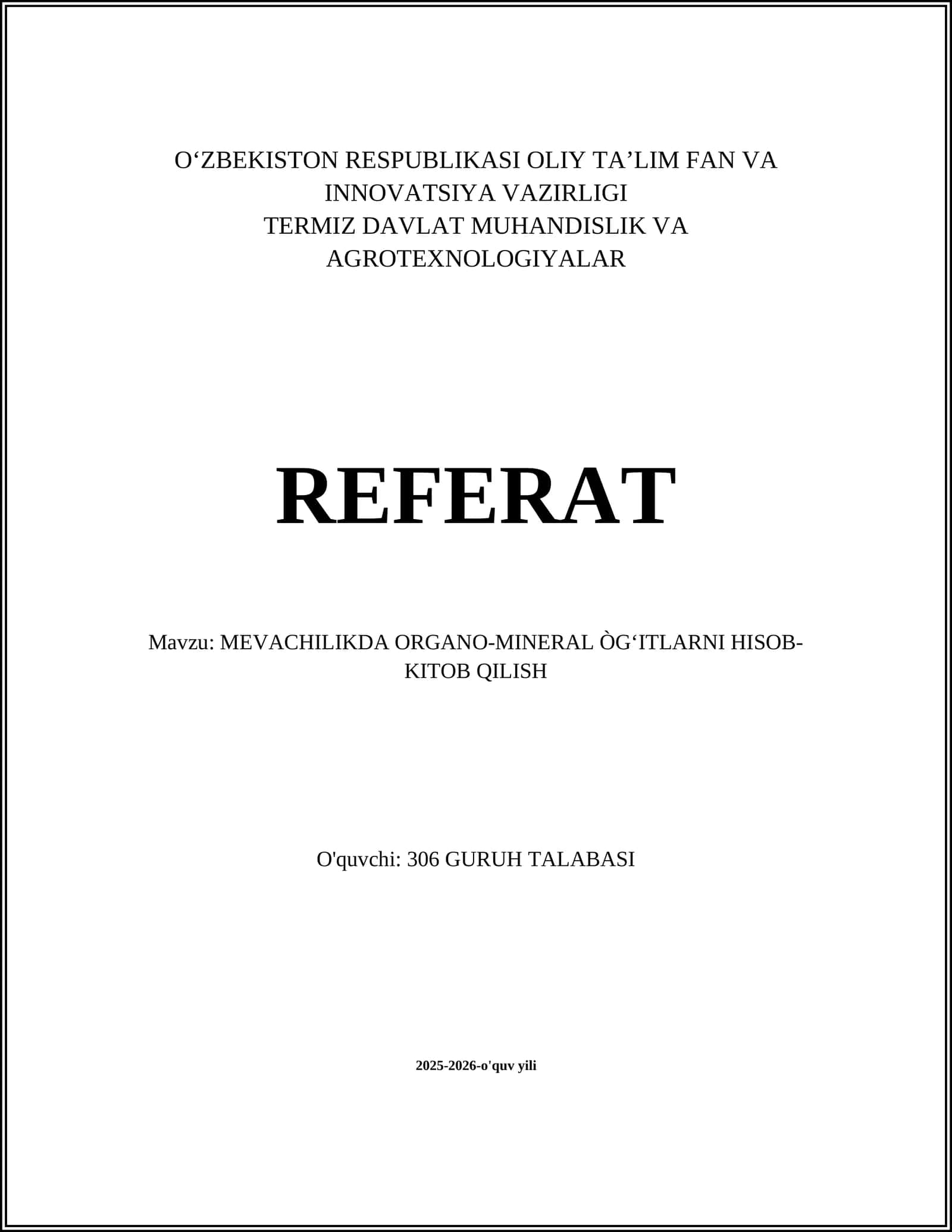 MEVACHILIKDA ORGANO-MINERAL ÒGʻITLARNI HISOB-KITOB QILISH