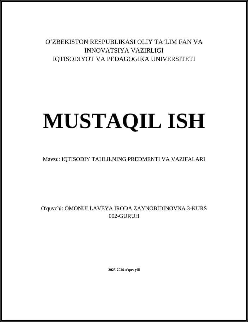 IQTISODIY TAHLILNING PREDMENTI VA VAZIFALARI