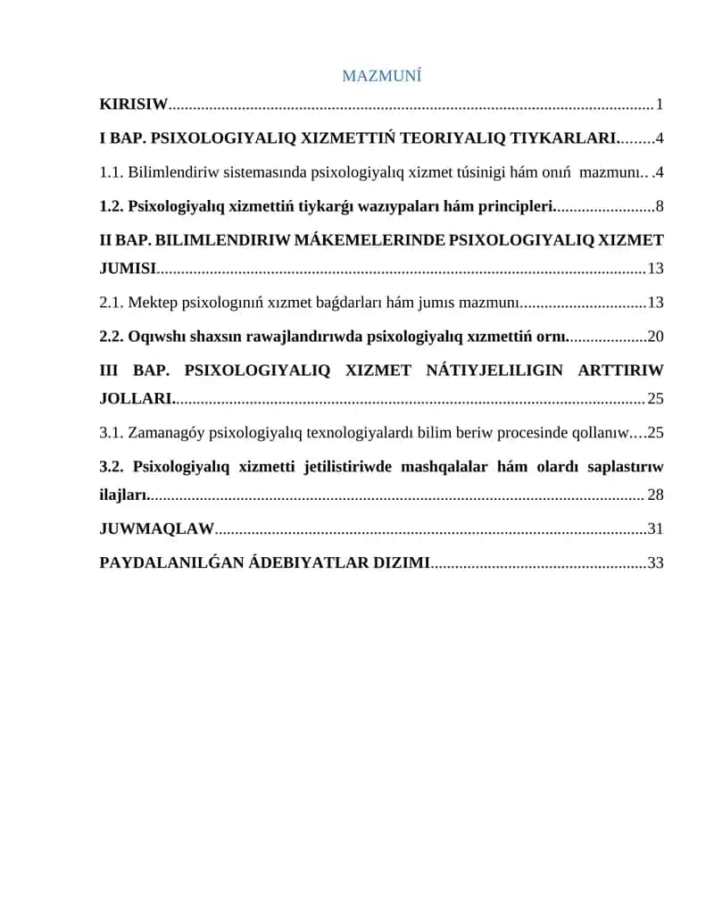 PSIXOLOGIYALIQ XIZMETTIŃ TEORIYALIQ TIYKARLAR