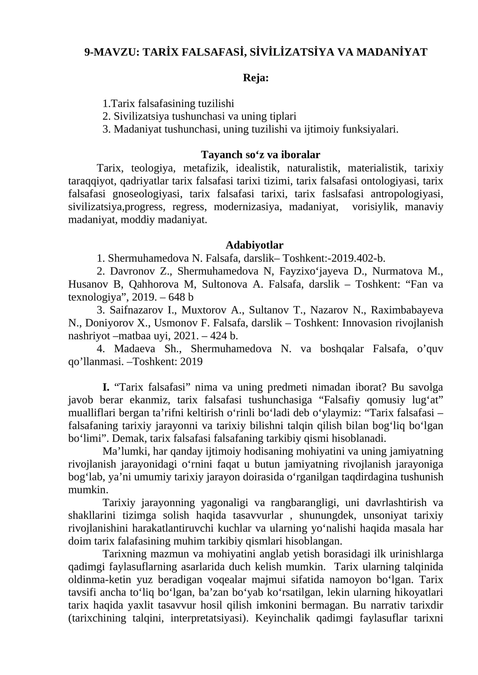 TARİX FALSAFASİ, SİVİLİZATSİYA VA MADANİYAT