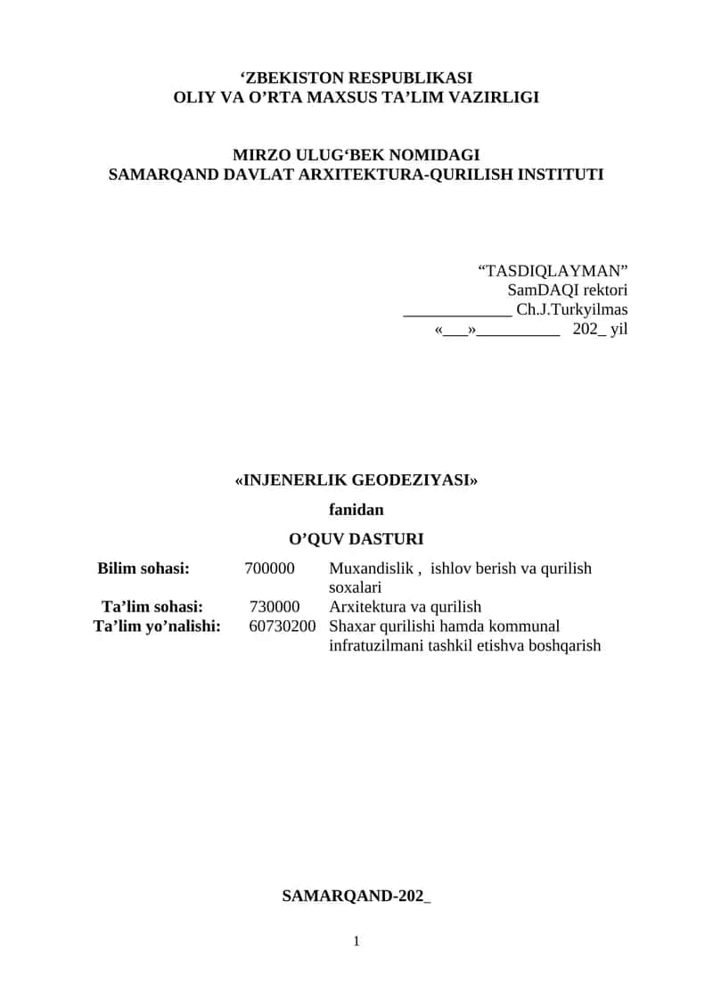 INJENERLIK GEODEZIYASI O'QUV DASTURI