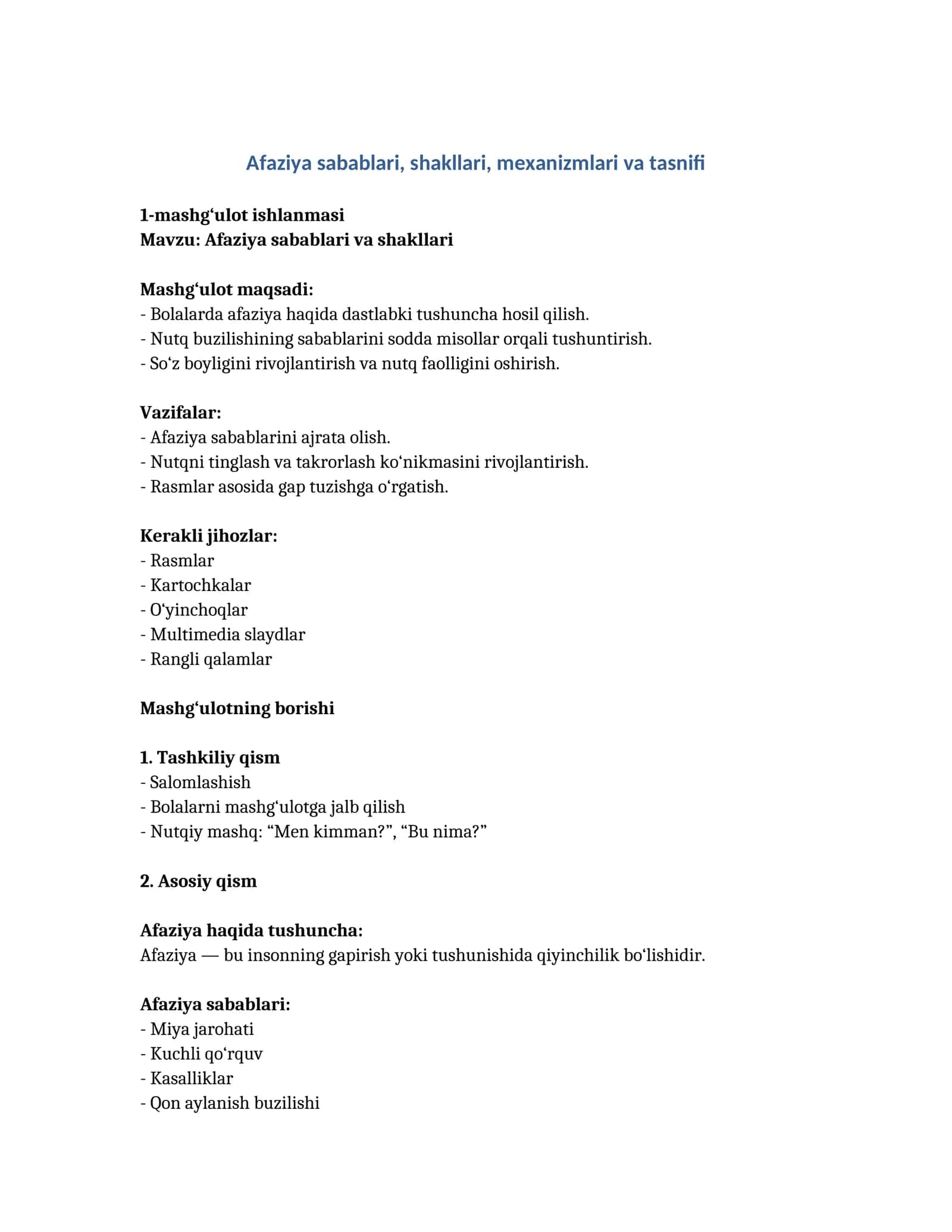 Afaziya sabablari, shakllari, mexanizmlari va tasnifi