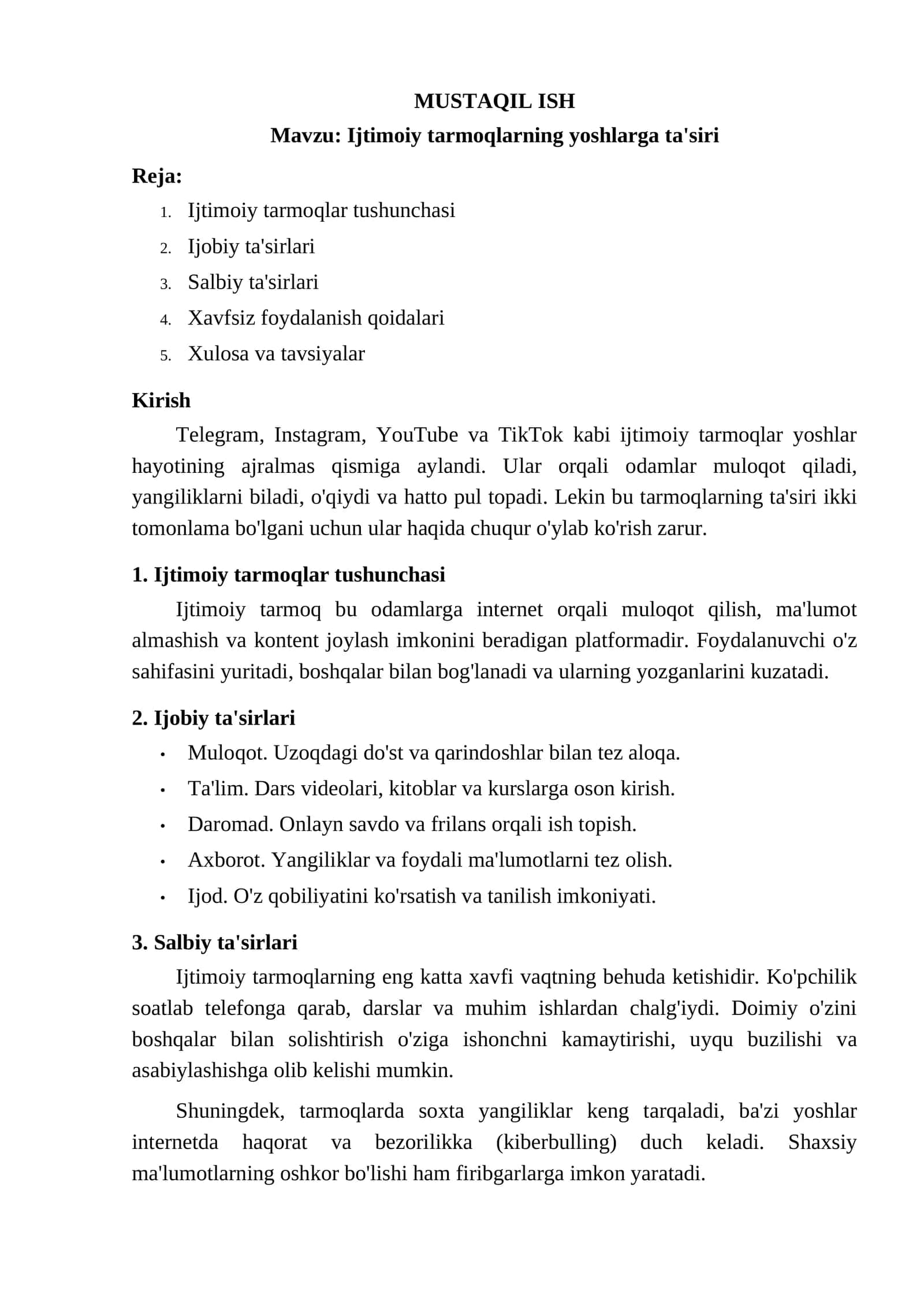 Ijtimoiy tarmoqlarning yoshlarga ta'siri