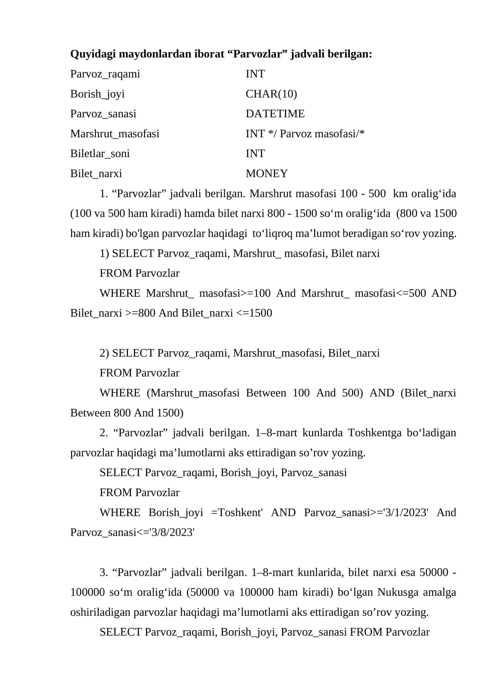 Parvozlar jadvali