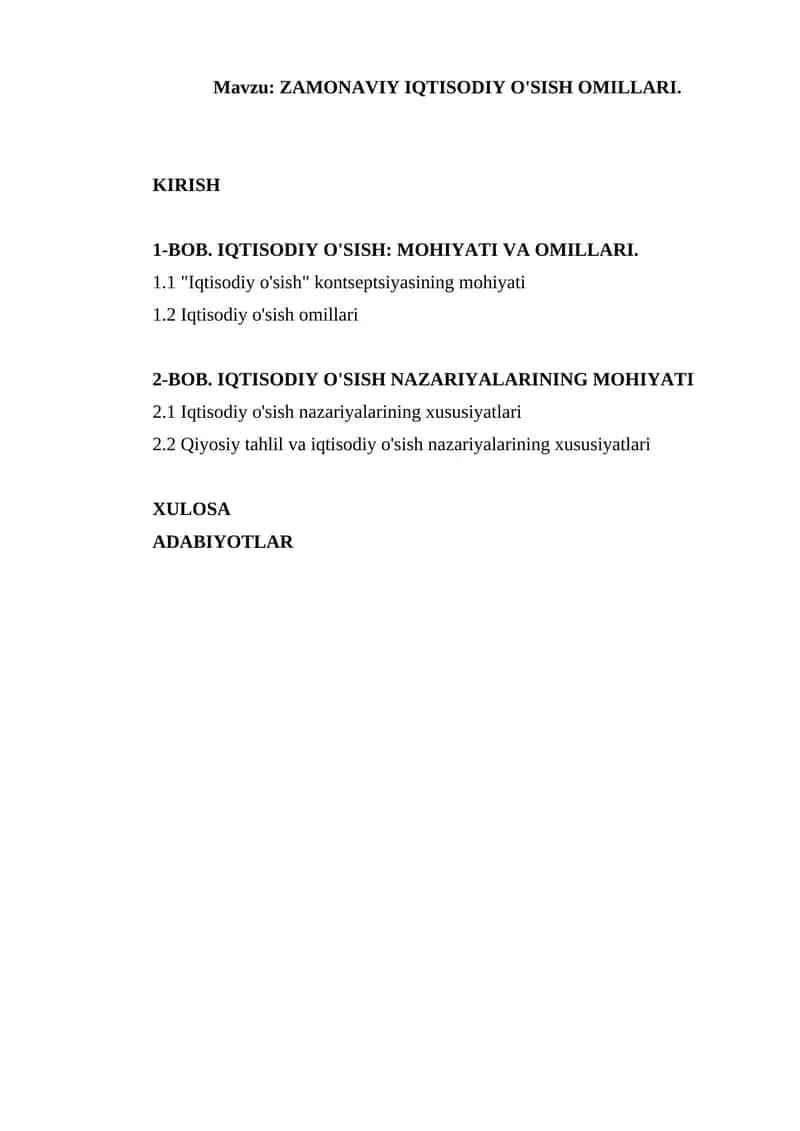 ZAMONAVIY IQTISODIY O'SISH OMILLARI