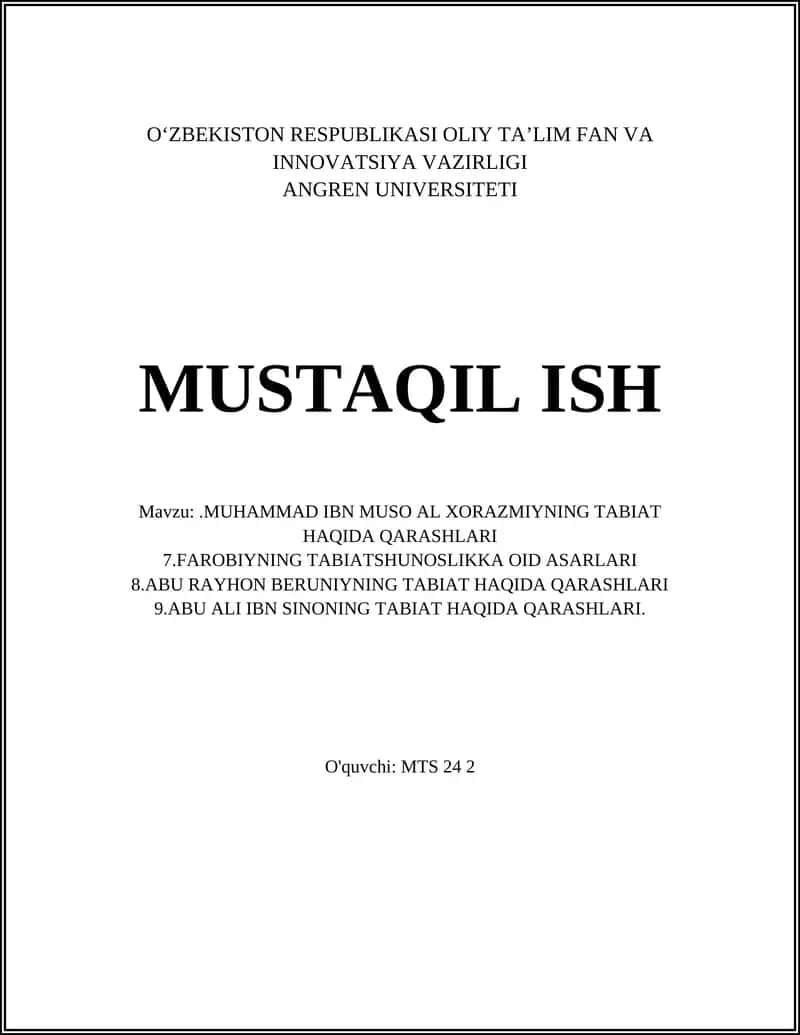 MUHAMMAD IBN MUSO AL XORAZMIYNING TABIAT HAQIDA QARASHLARI